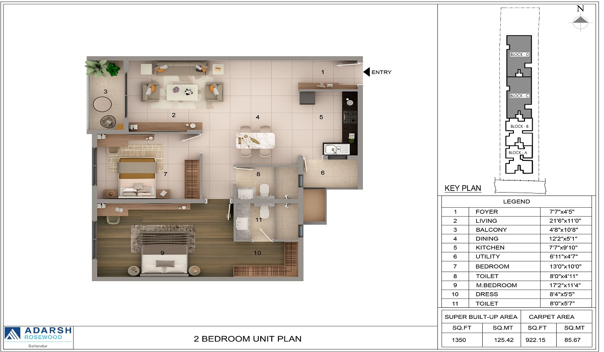 2BHK Floor Plan Adarsh Rosewood, Bellandur, Bangalore